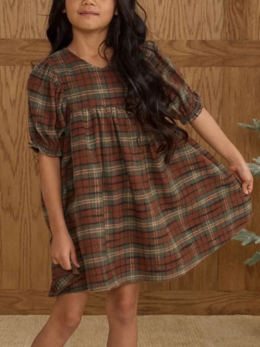 Rylee + Cru Brown and Olive Plaid Dress